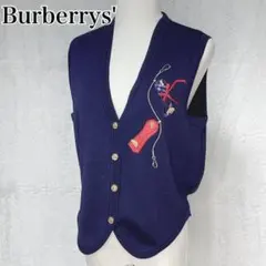 バーバリー ニットベスト ゴルフベスト ネイビー ホースロゴ刺繍 金ボタン M