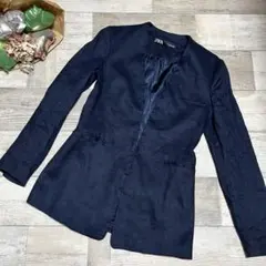 【美品】ZARA ネイビー ノーカラージャケット EUR 36 XS