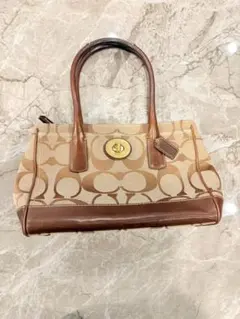 COACH コーチ トートバッグ キャンバス ターンロック 肩掛け ブラウン