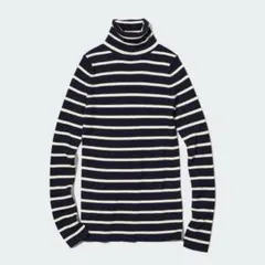 UNIQLO エクストラファインメリノリブタートルネックセーター ボーダー L
