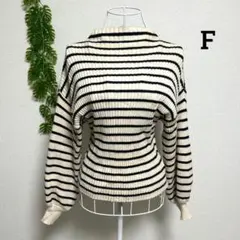 レイカズン・F 長袖ニット アイボリー・黒ストライプ ハイネックセーター