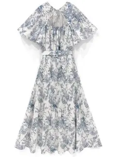 GRL 前後2wayリボンベルト付花柄消しプリーツフレアワンピース ネイビー M