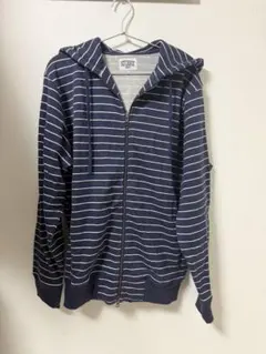 STUSSY ボーダー ジップパーカー ネイビー フーディー ストリート 古着