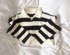 白黒ストライプ ポロネックセーター