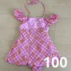 フリル袖 ピンク チェック柄 ワンピース水着 100cm