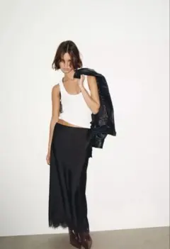 zara サテンレースミディスカート S