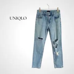 ダメージ加工★ユニクロ ジーンズ ストレッチスリムストレート ミッドライズ S