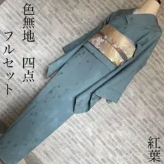 色無地　フルセット　紅葉　地紋　ターコイズブルー　シンプル　礼装　P3