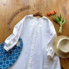 サマンサモスモス＊襟レース 綿麻 長袖チュニックブラウス オフ白 ゆったり