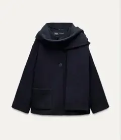 ZARA ウールスカーフ付きコート　ネイビー