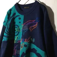 【個性派古着】日本製　長袖　サマーセーター　麻入り　メンズＭ　涼しげ　豪華刺繍のサムネイル
