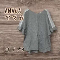 AMACA アマカ　ストライプ柄 半袖レース装飾　ブラウス　38のサムネイル