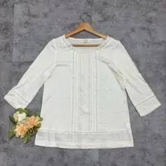 ［SCAPA］ホワイト長袖ブラウス（L）ラウンドネック　レース刺繍