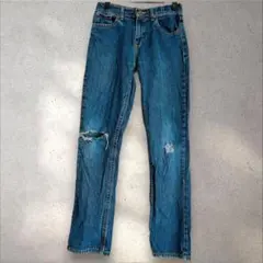 US古着【XS-S】ダメージ加工 アジャスター付 ストレート デニム ジーンズ