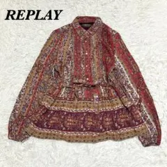 【美品】 REPLAY 総柄長袖シャツブラウス S レッド ブラウンのサムネイル