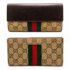 GUCCI グッチ 長財布 GGキャンバス シェリーライン リボン レザー 茶色
