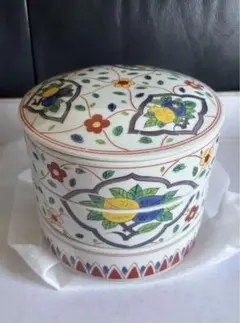 赤絵 花鳥 喰篭 藤山 木瓜 茶道具 蓋もの 菓子器 未使用 木箱付き