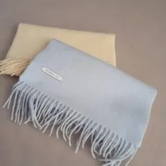 カシミヤ100% フリンジ付きマフラー 水色 クリーム色