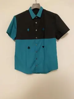 MILKBOY トランプ刺繍半袖シャツ　カラーブロック　ブラック　ターコイズのサムネイル