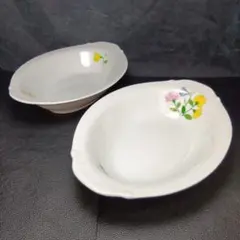レトロ花柄（スイートピー）の楕円形（カレー）皿 2個セット　ボウル型