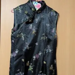 値下げ！大中華 黒 花柄刺繍 チャイナドレス 36 超ロング丈 133cm