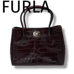 美品✨フルラ トートバッグ ハンドバッグ ターンロック クロコ型押し レザー
