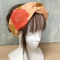 和風編み込みターバン　着物リメイク　クロスターバン　ヘアバンド　オレンジ