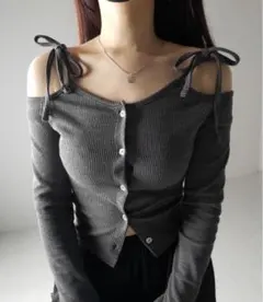 me+em select ダブルリボンオフショルダーリブショートカーディガン