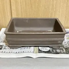 盆栽鉢 陶器製 昭和レトロ 長方形 四角 スクエア 茶色 ブラウン 横線デザイン