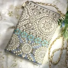 スマホショルダー スマホポシェット サコッシュ インド刺繍リボン 春霞ブルー
