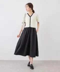 ロペピクニックメタル釦布帛ドッキングハーフスリーブニットワンピース