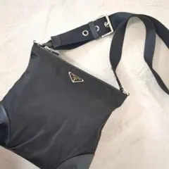 美品 PRADA ショルダーバッグ レザー切り替え ナイロン ブラック 三角ロゴ