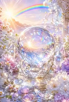 虹色水晶　クリスタル　虹　蓮の花　蝶　幻想的　絵はがき　開運　E345