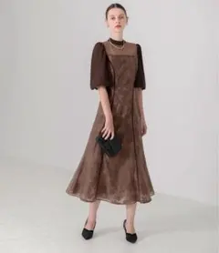 【LEJA】花柄オーガンジーレース後ろリボンシアーパフスリーブマーメイド