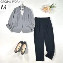 【洗える・ストレッチ】　グローバルワーク　パンツスーツ　ノーカラー　春夏　M