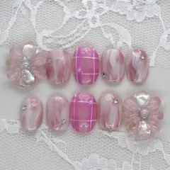 897.現品ネイルチップ　ニュアンスマーブル淡色ぷっくり立体フラワー綺麗めネイル