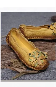 レディース本革牛革パンプス柔らかい滑り止め歩くやすいイエロー