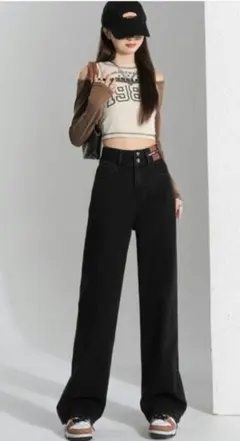 NinaetLina ハイウエストセミワイドストレートデニム ブラック L