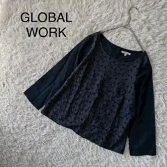 【グローバルワーク】長袖ブラウス　S ネイビー　花柄レース　春　カットソー