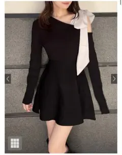 ワンショルダーリボンリブレットフレアワンピース