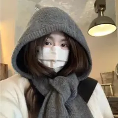 フード付きマフラー グレー レディース 防寒 ニット 秋冬　バラクラバ