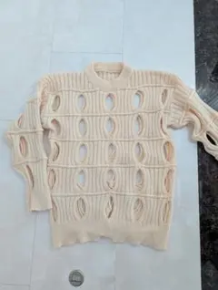 オープンワーク編み長袖セーター クリーム色