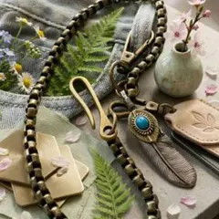 ヴィンテージ 52cmウォレットチェーンゴールド フェザー ターコイズ アメカジ