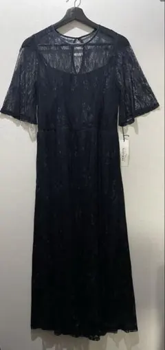 パーティドレス　総レース　ネイビー　L