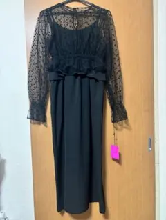 Rady 黒 ドット柄 シースルー袖 フリル付きドレス