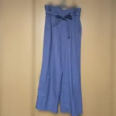 ネイビー リボン付き ハイウエストワイドパンツ
