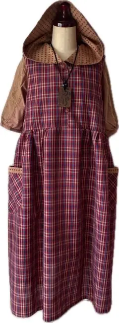 着物リメイク　未使用品 ウール　柿渋染フード付きジャンパースカート