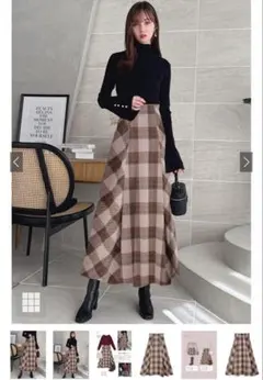 グレイルツイードチェックロングフレアスカート　フリルキャンディースリーブニットM