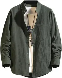 シャツ メンズ 長袖 春 カジュアル おしゃれ 綿麻 無地 2XL