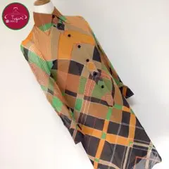 レトロ ブラウス ワンピース チェック シースルー 古着 緑 橙 茶 白 黒